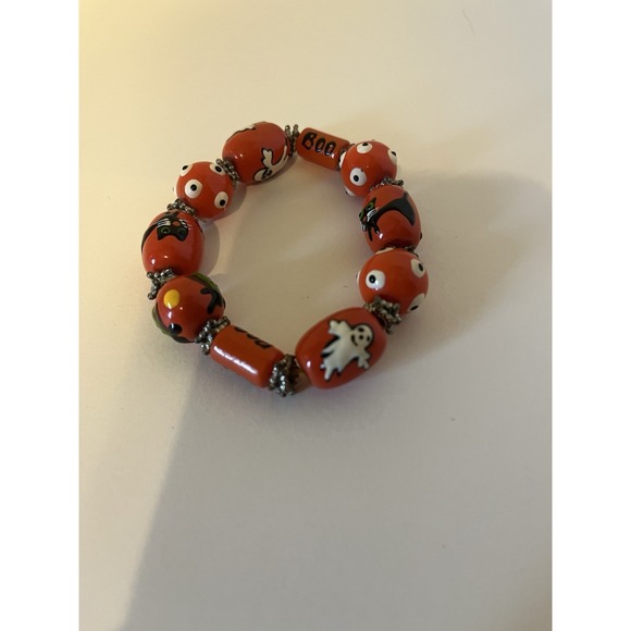 Handmade Halloween Lampwork Glass Bead Stretch Bracelet Ghosts Black Cats Boo - Picture 3 of 5